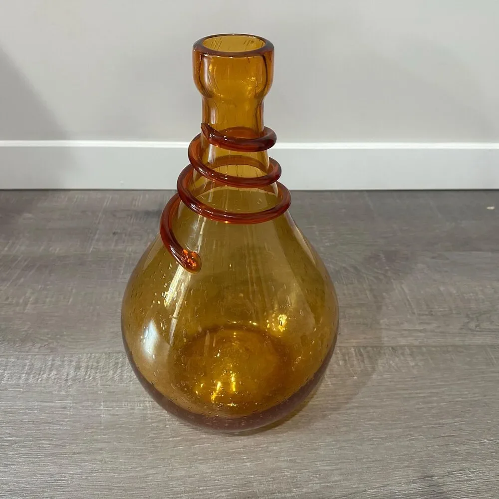 MCM Amber Thick Glass Bulbous Bottle Jug Vase Hand Blown Statement Centerpiece